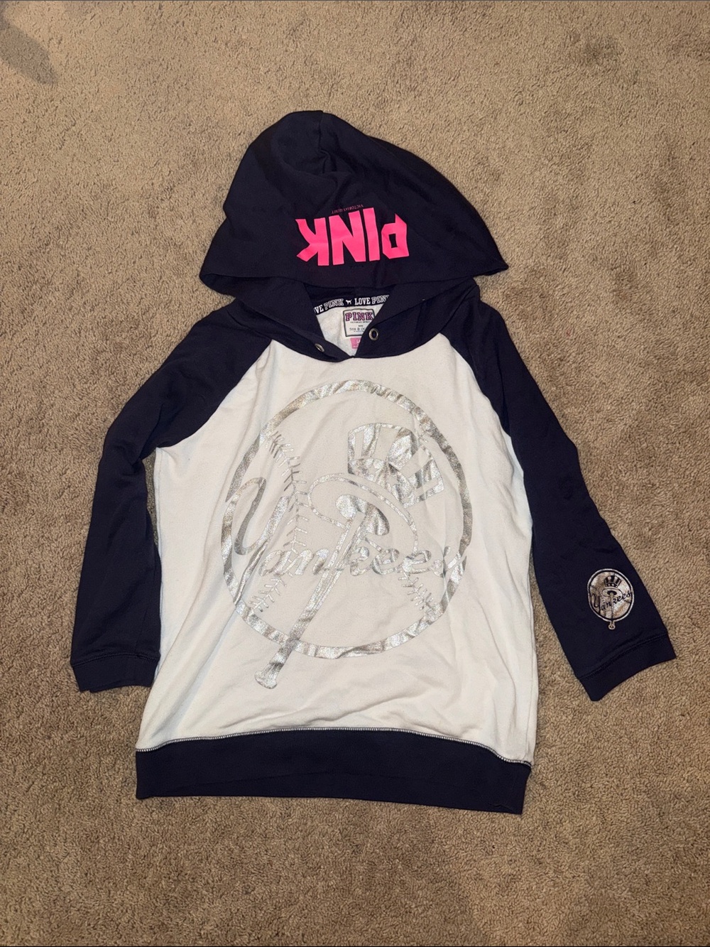 PINK Victoria's Secret Navy & White Hooded Baseball Yankees Raglan Sweatshirt